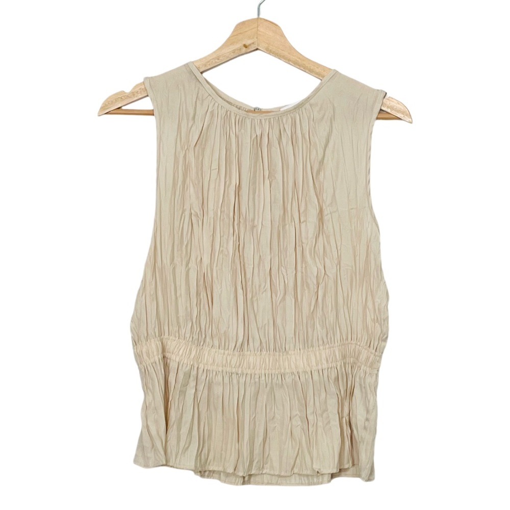 And Now This Beige Sleeveless Crinkle Fabric Top Elastic Waist Large Neutral
